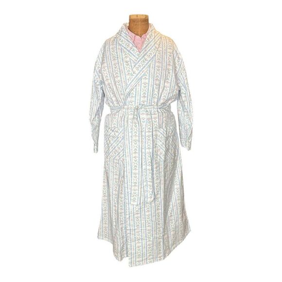 Lanz of Salzburg Robe Womens Medium Flannel Floral Hearts Stripes Belt Prairie - Picture 2 of 10